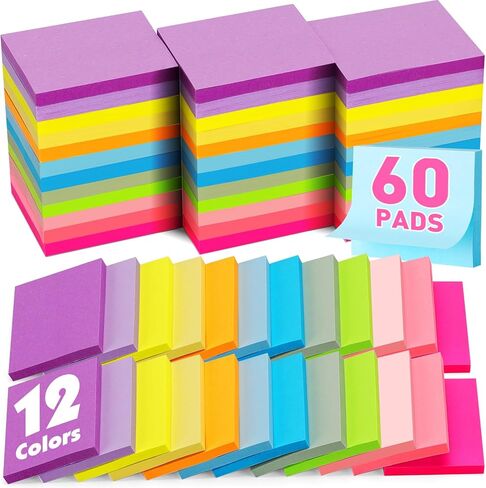 (60 Pack) Sticky Notes 1.5x2 Inches, 12 Bright Colors Self-Stick Note Pads Premium Mini Sticky Notes, Bulk Sticky Notes Pads for School, Office, Home in Saudi Arabia