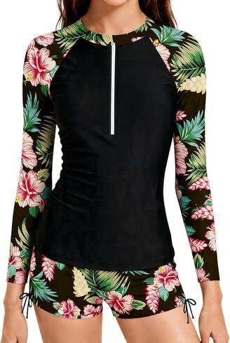 ملابس سباحة للفتيات من Rash Guard بأكمام طويلة، كتلة ألوان بعامل حماية من أشعة الشمس 50+ للحماية من الشمس، طقم من قطعتين لمايوه 9-16 سنة in Kuwait