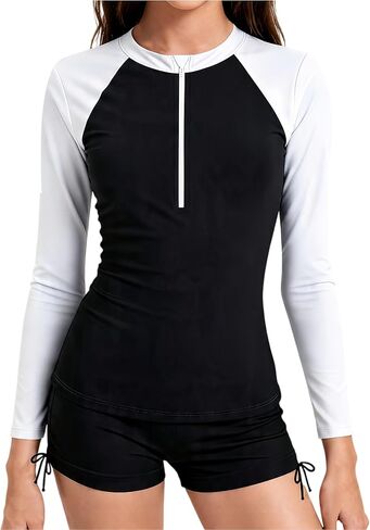 ملابس سباحة للفتيات من Rash Guard بأكمام طويلة، كتلة ألوان بعامل حماية من أشعة الشمس 50+ للحماية من الشمس، طقم من قطعتين لمايوه 9-16 سنة in Kuwait