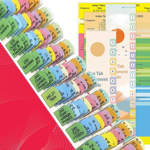 علامات تبويب الفهرس لعام 2026 NEC (الكتاب غير متضمن)، علامات تبويب الرموز الكهربائية العلوية + الجانبية، مطبوعة براقة مع علامات تبويب فارغة، مرمزة بالألوان ومغلفة، مع مخطط سلكي وملصقات قانون 2 أوم وأرقام الصفحات in Kuwait