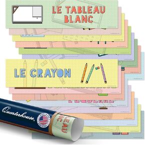 ملصقات اللغة الفرنسية لعناصر الفصل الدراسي الشائعة (غير لاصقة)، الفرنسية - مواد تعلم اللغة الإنجليزية كلغة ثانية للطلاب والمعلمين من مرحلة الروضة حتى الصف الثاني عشر، مجموعة من 18 قطعة، 30.48 × 7.62 سم، متينة للغاية in Kuwait