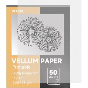 ورق Vellum الشفاف من VEOOK، 50 ورقة 56 رطل/83 جرامًا للمتر المربع 11 × 17 بوصة ورق تتبع Vellums قابل للطباعة للتتبع والرسم والرسم وتراكبات البطاقات وأحزمة البطن الدعوات والأظرف والفانوس (VP-05) in Kuwait