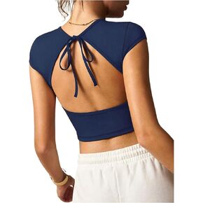 WDIRARA Women's Workout Tops Cap Sleeve Open Back Gym Athletic Yoga Tee Crop Top in Kuwait