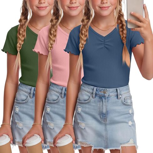 3 Pack Girls Short Sleeve T Shirt Cotton Ribbed Knit Lettuce Trim Cinched V Neck Tops 5-14 Years Casual Basic Tee in Saudi Arabia