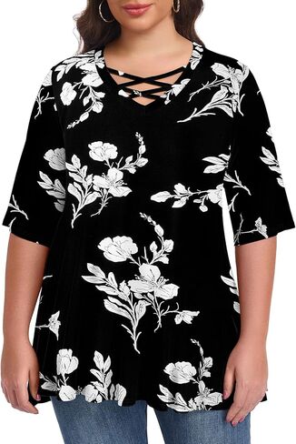 LARACE Elbow Sleeve Cross-Tie V-Neck Plus Size Tops for Women's Half Sleeves Tunic Shirts Blouse Spring Summer Fall Clothes in Saudi Arabia