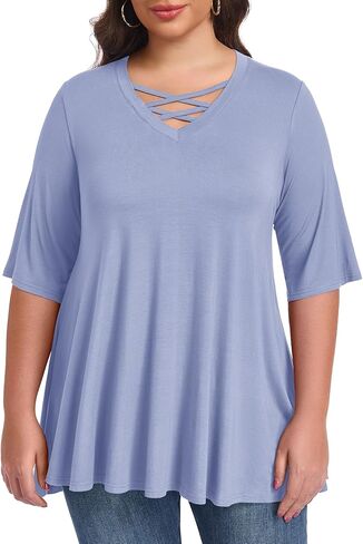 LARACE Elbow Sleeve Cross-Tie V-Neck Plus Size Tops for Women's Half Sleeves Tunic Shirts Blouse Spring Summer Fall Clothes in Saudi Arabia