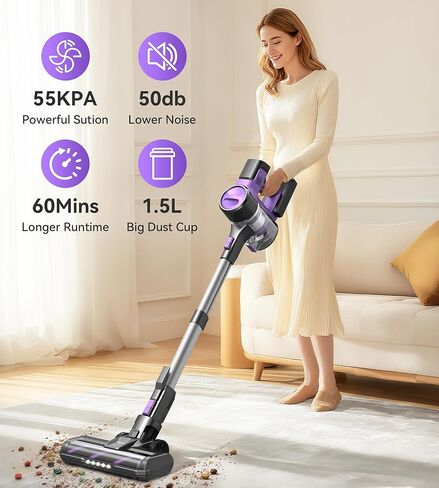 S10K Cordless Vacuum Cleaner, 55Kpa 60mins Lightweight Stick Vacuum with Powerful Suction for Home, Rechargeable, Self-Standing, Handheld Vacuum Cleaners for Hardwood Floors, Carpets, Pet Hair in Saudi Arabia