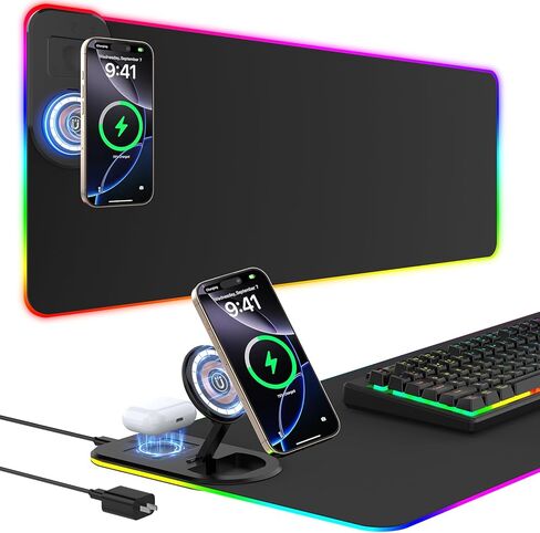 قاعدة ماوس ألعاب RGB للشحن اللاسلكي مع حامل هاتف قابل للطي، حصيرة ألعاب LED كبيرة مقاس 800 × 350 × 4 مم، 15 وضع إضاءة، مقاومة للماء، لوحة لوحة مفاتيح للكمبيوتر الشخصي، تتضمن محول طاقة PD بقدرة 20 وات in Kuwait