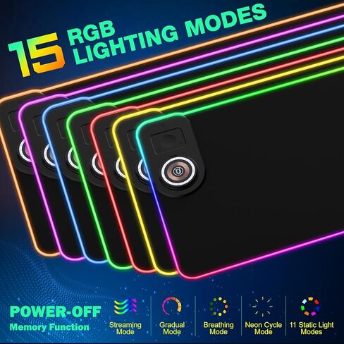 قاعدة ماوس ألعاب RGB للشحن اللاسلكي مع حامل هاتف قابل للطي، حصيرة ألعاب LED كبيرة مقاس 800 × 350 × 4 مم، 15 وضع إضاءة، مقاومة للماء، لوحة لوحة مفاتيح للكمبيوتر الشخصي، تتضمن محول طاقة PD بقدرة 20 وات in Kuwait