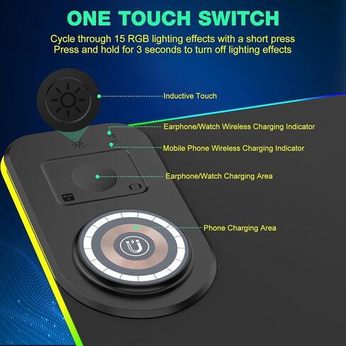 قاعدة ماوس ألعاب RGB للشحن اللاسلكي مع حامل هاتف قابل للطي، حصيرة ألعاب LED كبيرة مقاس 800 × 350 × 4 مم، 15 وضع إضاءة، مقاومة للماء، لوحة لوحة مفاتيح للكمبيوتر الشخصي، تتضمن محول طاقة PD بقدرة 20 وات in Kuwait