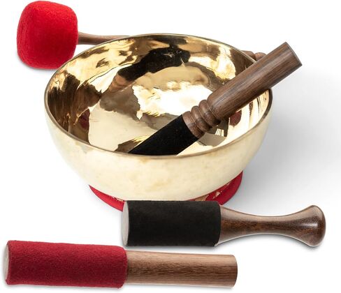 Tibetan Singing Bowl Set – Handcrafted Bronze Himalayan Bowl with Silk Cushion & Mallet | Choose Size & Cushion Color (Harmony Cushion (Red), Medium (7 inches)) in Saudi Arabia