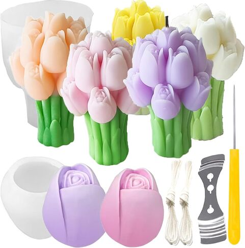 2 Pcs Tulip Bouquet Silicone Candle Molds Tulip Flower Candle Mold with Mold Punch&candlewick Hook Needle for Candle Making Handmade Plaster Craft Soap Making Home Decorating Ornaments in Saudi Arabia