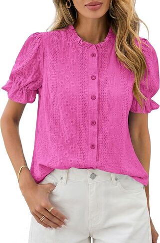 PRETTYGARDEN Womens Puff Short Sleeve Tops 2026 Summer Spring Button Down Boho Embroidered Cute Blouse Dressy Casual Shirts in Saudi Arabia