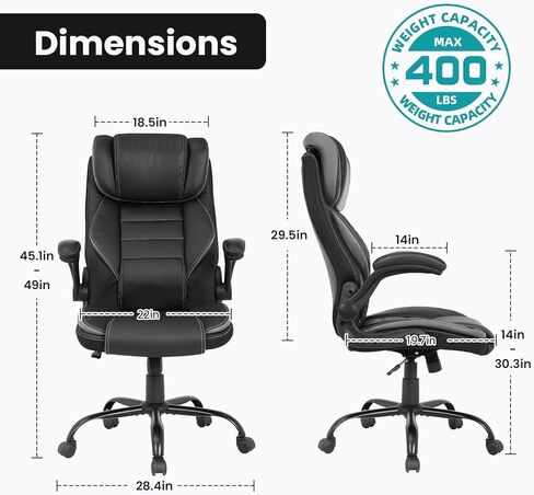 Ergonomic Office Chair, Reclining Executive Office Desk Chair with Adjustable Headrest and Pocket Spring Lumbar Support, Comfortable High Back Leather Computer Chair with Flip Up Armrests, Black/Grey in Saudi Arabia