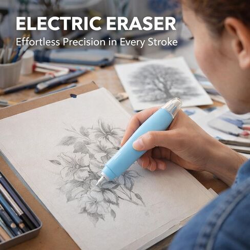 Electric USB Rechargeable Eraser, White, 16 Refills Included - Precise Erasing, Low Noise Motor, Portable Design for Artists and Students (Blue) in Saudi Arabia