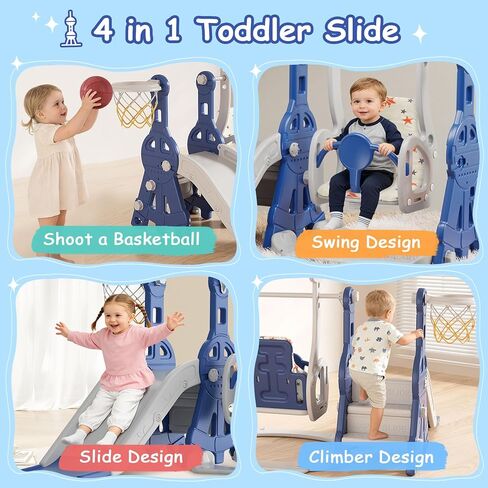 BIERUM 4 in 1 Toddler Slide and Swing Set, Baby Slide for Toddlers Age 1-2, with Basketball Hoop, Indoor Outdoor Toddler Playset Pink in Saudi Arabia