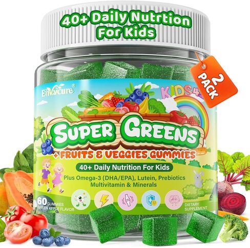 Kids Super Greens Gummies, w/Multivitamins, 20+ Veggie Fruit, Prebiotics, Calcium, Omega-3 (DHA/EPA), Kids Vitamins Greens Superfood Gummies for Picky Eaters Growth, Energy, Immune, Digestion, 2 Pack in Saudi Arabia