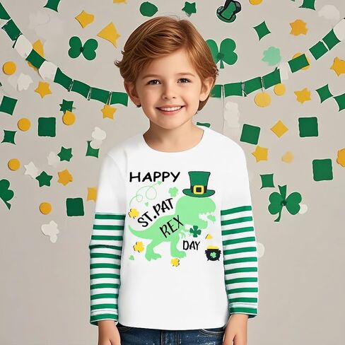 Toddler Boys Girls St Patricks Day Shirt Kids Lucky Clover Shamrock T-Shirt Dinosaur Stripped Long Sleeve Tops in Saudi Arabia