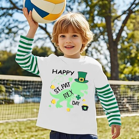 Toddler Boys Girls St Patricks Day Shirt Kids Lucky Clover Shamrock T-Shirt Dinosaur Stripped Long Sleeve Tops in Saudi Arabia