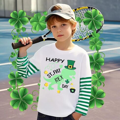 Toddler Boys Girls St Patricks Day Shirt Kids Lucky Clover Shamrock T-Shirt Dinosaur Stripped Long Sleeve Tops in Saudi Arabia