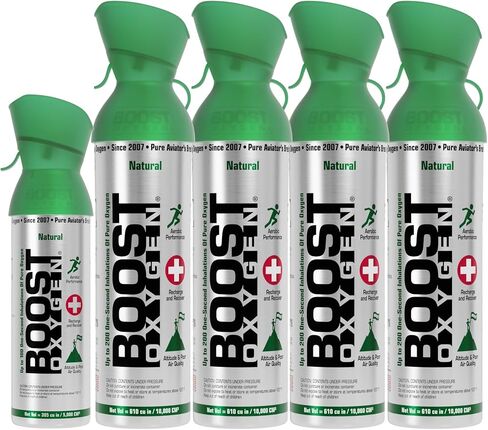 Boost Oxygen Set of 8 5-Liter and 10-Liter Canned Supplemental Oxygen Canister Bottle w/Mouthpiece, Respiratory Support for Aerobic Recovery, Natural in Saudi Arabia