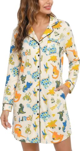LovinPet Dinosaur Print Button Front Sleepshirt Nightgown for Women, Long Sleeve Boyfriend Pajama Dress with 3 Pockets in Saudi Arabia