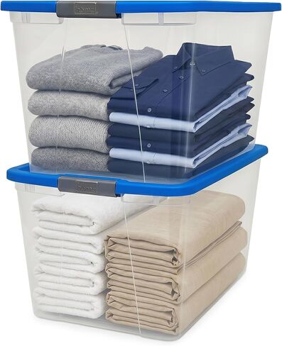 HOMZ 2-Pack Secure Latch, Clear Plastic Storage Organizer Bins, 64 Quart, Blue Lid - Stackable Container Boxes for Bedroom, Bathroom, Garage, and Office Organization in Kuwait