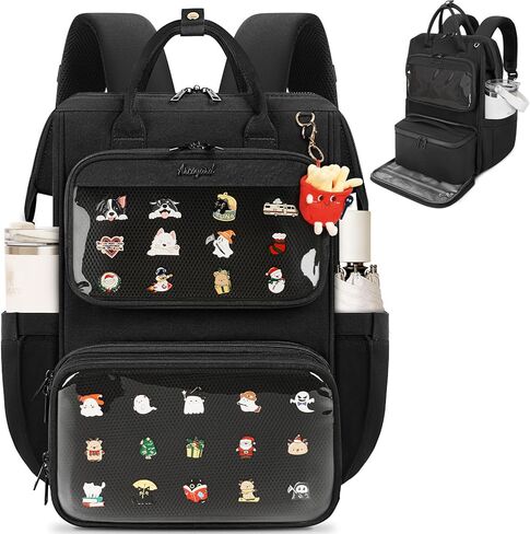 حقيبة ظهر Ita مع حجرة غداء، حقيبة ظهر Ita Bag Display Lunchbox Back Pack مع إدراج، 15.6 بوصة حقيبة ظهر للكمبيوتر المحمول للمدرسة، حقيبة كتب للسفر مع صندوق غداء للتنقل والحفلات التنكرية، أسود in Kuwait