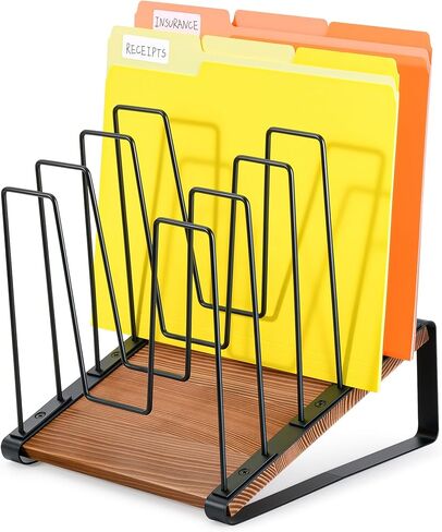HULISEN Inclined Desk File Organizer, 5-Section Vertical File Folder Holder Stand, Metal File Sorter Rack with Wooden Base, Desktop File Organizer for Office Classroom Home Workspace in Saudi Arabia