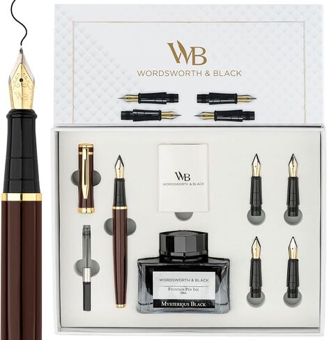 Wordsworth & Black Fountain Pen Gift Set, Includes Ink Bottle, 6 Ink Cartridges & A Refill Converter, 4 Replacement Nibs, Premium Package, Journaling, Calligraphy, Smooth Writing Pens [Black Chrome] in Saudi Arabia