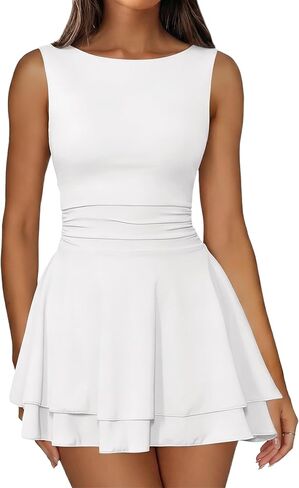 IWD Women's Boat Neck Sleeveless Mini Dress Ruched Waist Flowy Tiered Ruffle Hem A Line Party Short Dresses in Saudi Arabia