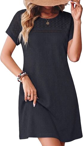 HDLTE Womens Crochet Swim Cover Up Short Sleeve Waffle Knit Tops Bathing Suit Beach Dress Crew Neck Hollow Out Dresses in Saudi Arabia