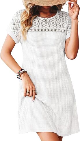 HDLTE Womens Crochet Swim Cover Up Short Sleeve Waffle Knit Tops Bathing Suit Beach Dress Crew Neck Hollow Out Dresses in Saudi Arabia