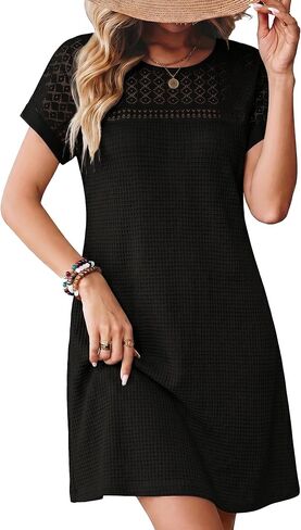 HDLTE Womens Crochet Swim Cover Up Short Sleeve Waffle Knit Tops Bathing Suit Beach Dress Crew Neck Hollow Out Dresses in Saudi Arabia
