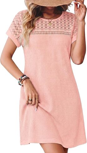 HDLTE Womens Crochet Swim Cover Up Short Sleeve Waffle Knit Tops Bathing Suit Beach Dress Crew Neck Hollow Out Dresses in Saudi Arabia