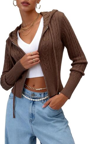 Women's Zip Up Hoodie Cable Knit Sweater Crop Cardigan Sweater 2026 Spring Long Sleeve Y2k Jacket in Saudi Arabia