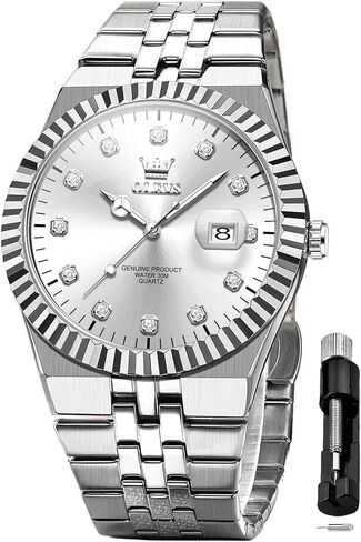 OLEVS Mens Watches Luxury Diamond Calendar Stainless Steel Male Watches Business Dress Waterproof Luminous Fashion Watch for Men in Saudi Arabia