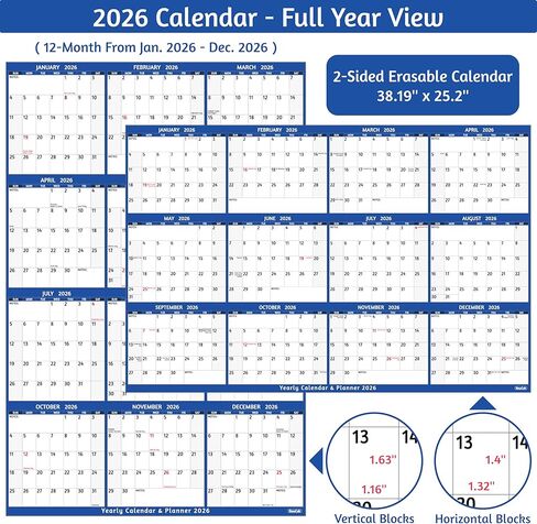 تقويم المسح الجاف 2025 - تقويم حائط سنوي كبير 2025، 38.2 بوصة × 25.2 بوصة، تقويم قابل للعكس على الجانبين 2025، عمودي/أفقي، يناير 2025 - ديسمبر 2025، 2025 تقويم حائط مع ملاحظات وملصقات - أزرق in Kuwait