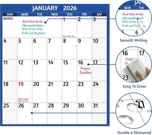 تقويم المسح الجاف 2025 - تقويم حائط سنوي كبير 2025، 38.2 بوصة × 25.2 بوصة، تقويم قابل للعكس على الجانبين 2025، عمودي/أفقي، يناير 2025 - ديسمبر 2025، 2025 تقويم حائط مع ملاحظات وملصقات - أزرق in Kuwait