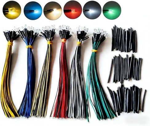 120 قطعة 5 مم 12 فولت من صمامات LED الثنائية السلكية مسبقًا + 50 قطعة من أنابيب الانكماش الحراري، عدسة دائرية شفافة مقاس 7.9 بوصة، مجموعة 6 ألوان مختلطة (20 قطعة لكل واحدة) مع مقاوم ملحوم مسبقًا للوحة قيادة السيارة، وإضاءة النماذج اليدوية in Kuwait