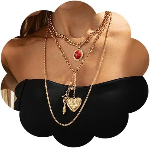 Charm Love Heart Pendant Layered Necklace for Women Retro Printed Heart Punk Star Pendant Long Chain Necklace Trendy Personalized Jewelry in Saudi Arabia
