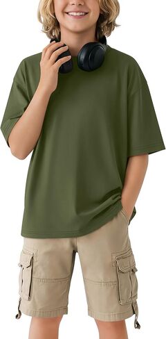 Boys Short Sleeve Shirts Kids Summer Crew Neck Oversized T-Shirts Loose Fit Casual Basic Solid Tees 5-14 Years in Saudi Arabia