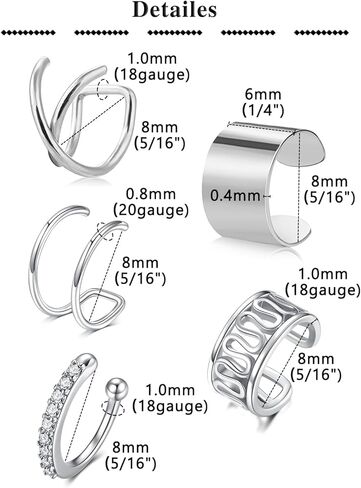 5pcs Ear Cuffs non Piercing Ear Cuff Earrings Silver Gold Ear Cuff Earrings for Women Hypoallergenic non Pierced Clip on Cartilage Earring Hoop Conch Earring Hoops in Saudi Arabia