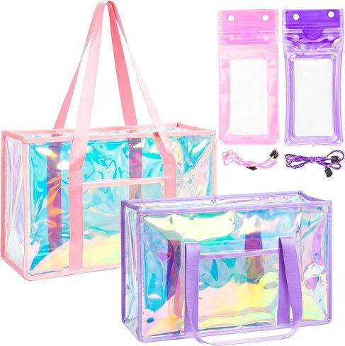 Iridescent Jelly Tote Bag Set for Women, 2 Pack Large Clear Beach Bags with Pink & Purple Phone Pouches in Kuwait