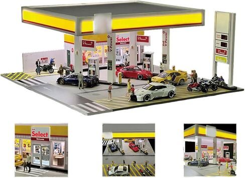 1/64 Scale Shell Gas Station Diorama - LED Lighted Building Model with Miniature Accessories, Compatible with All 1:64 Scale Model Cars Collectible Display Scene (Vehicles & Figures Not Included) in Saudi Arabia