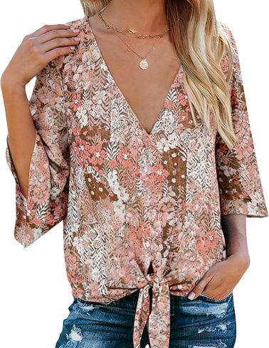 Bluetime Womens Summer Tops Boho 3/4 Sleeve V Neck Tie Front Shirts Casual Floral Blouses in Saudi Arabia