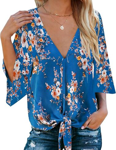 قمصان نسائية صيفية من Bluetime بوهو 3/4 كم بربطة عنق على شكل حرف V قمصان أمامية كاجوال بلوزات زهرية in Kuwait