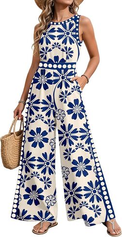 Women Jumpsuits Dressy Summer Round Neck Casual Sleeveless One Piece Outfit Floral Wide Leg Long Pant Romper Pockets in Saudi Arabia