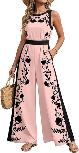 Women Jumpsuits Dressy Summer Round Neck Casual Sleeveless One Piece Outfit Floral Wide Leg Long Pant Romper Pockets in Saudi Arabia