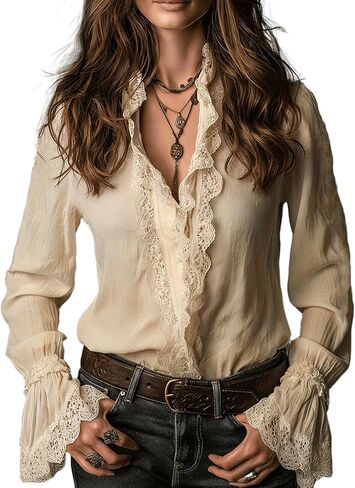 Women's Vintage Ruffle Lace Trim Blouse Elegant Button Down Long Sleeve Collared Shirts Dressy Casual Work Tops in Saudi Arabia